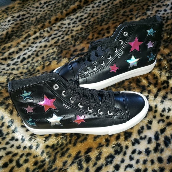 NEW BLK FAUX LEATHER Y2K IRIDESCENT SHIMMER STARS HI TOP SHOES cute to the core - Picture 4 of 6